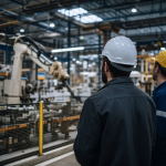 Linha de produção industrial brasileira com máquinas e trabalhadores em ambiente de produção