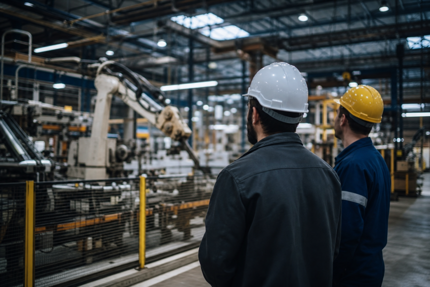 Linha de produção industrial brasileira com máquinas e trabalhadores em ambiente de produção